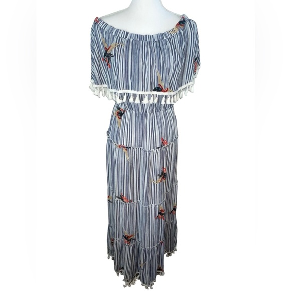 L’ATISTE by AMY Blue & White Off Shoulder tier Maxi Dress with fringe Tassles - Picture 8 of 15